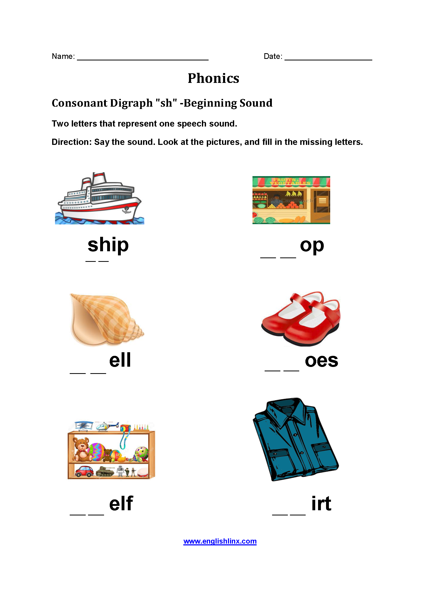 Consonant Diagraph SH Phonics Worksheets